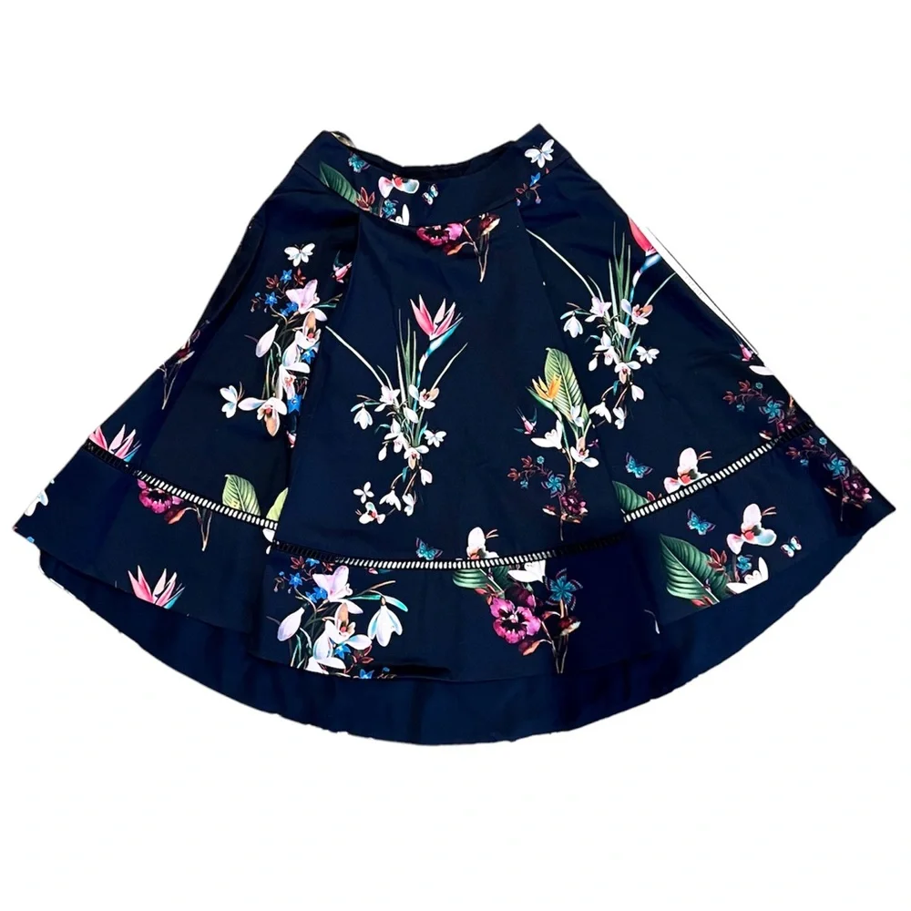 TED BAKER Plio Tropical Oasis Dipped Hem Skirt Navy - Picture 5 of 11